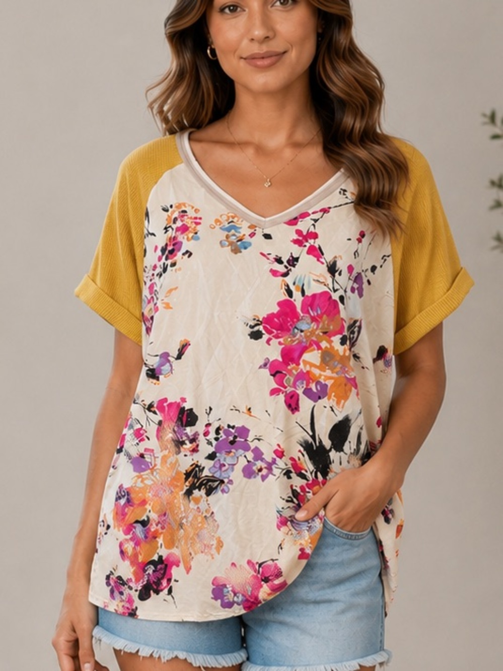 Umgee Cream Floral V-Neck Top with Mustard Raglan Sleeves